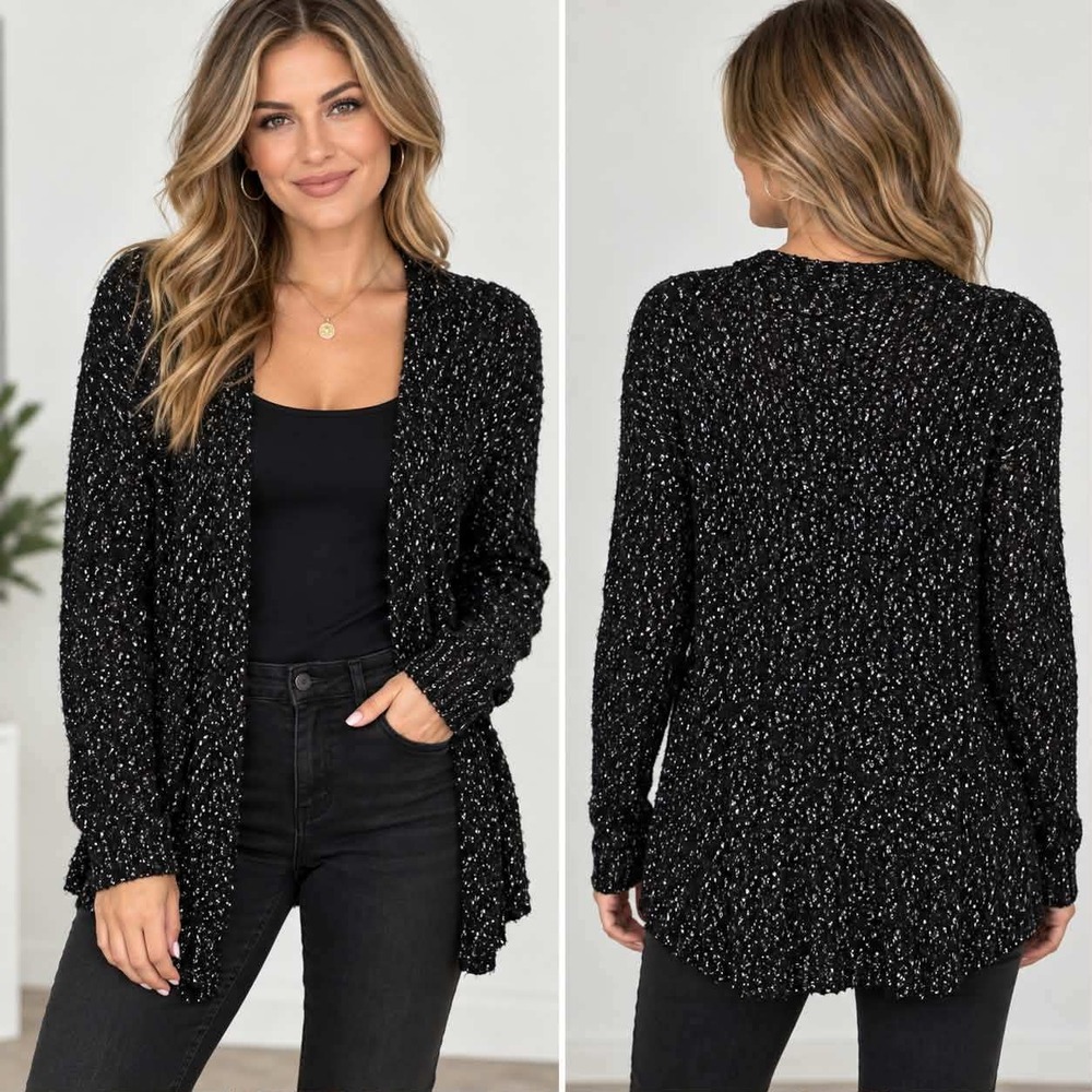 Cato M Black Silver Metallic Open Front Cardigan Glam Holiday Evening